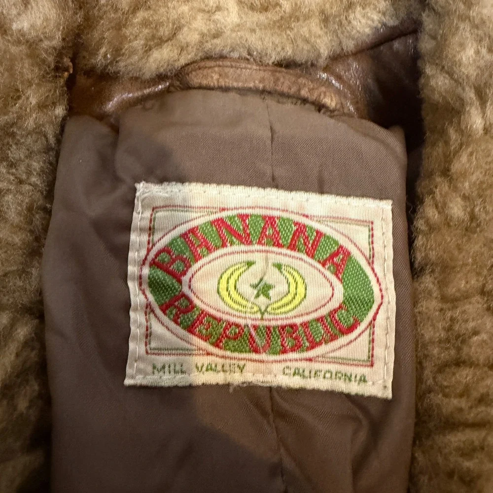 1980s Banana Republic Vintage Leather Flight Jacket Brown Shearling Collar Large